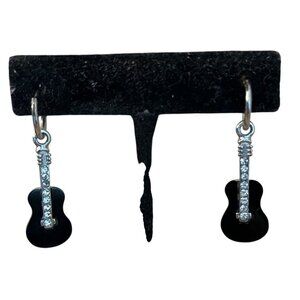 Guitar Instrument Clear Rhinestone Dangle Drop Silver Tone Black Enamel Earrings